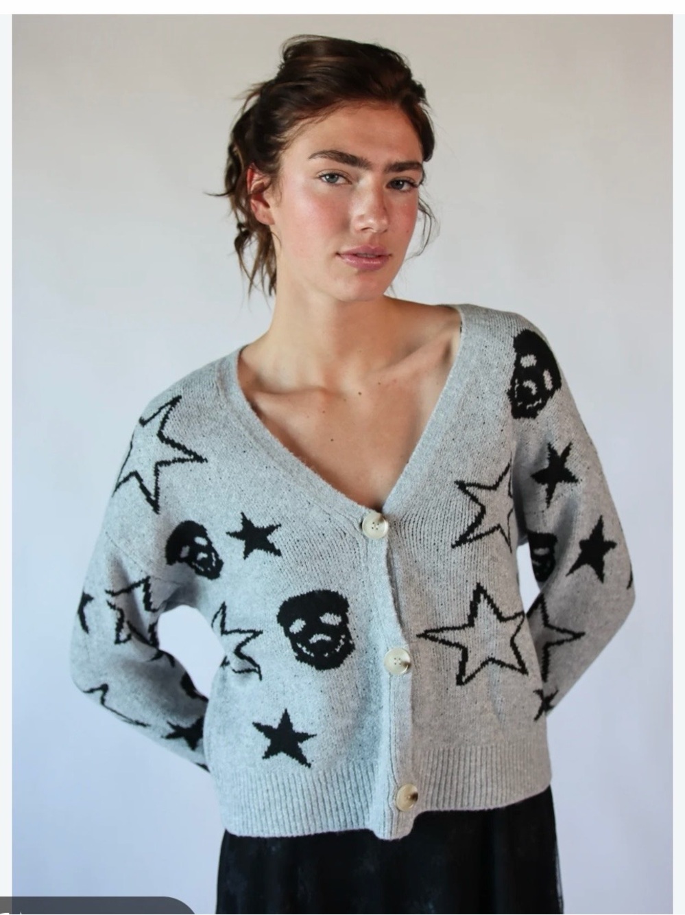 Gray vneck cardigan with skulls and stars